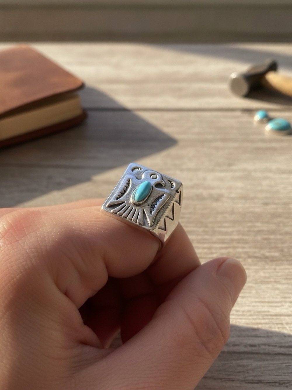 Southwestern Thunderbird Ring Alloy Metal Faux Turquoise Setting
